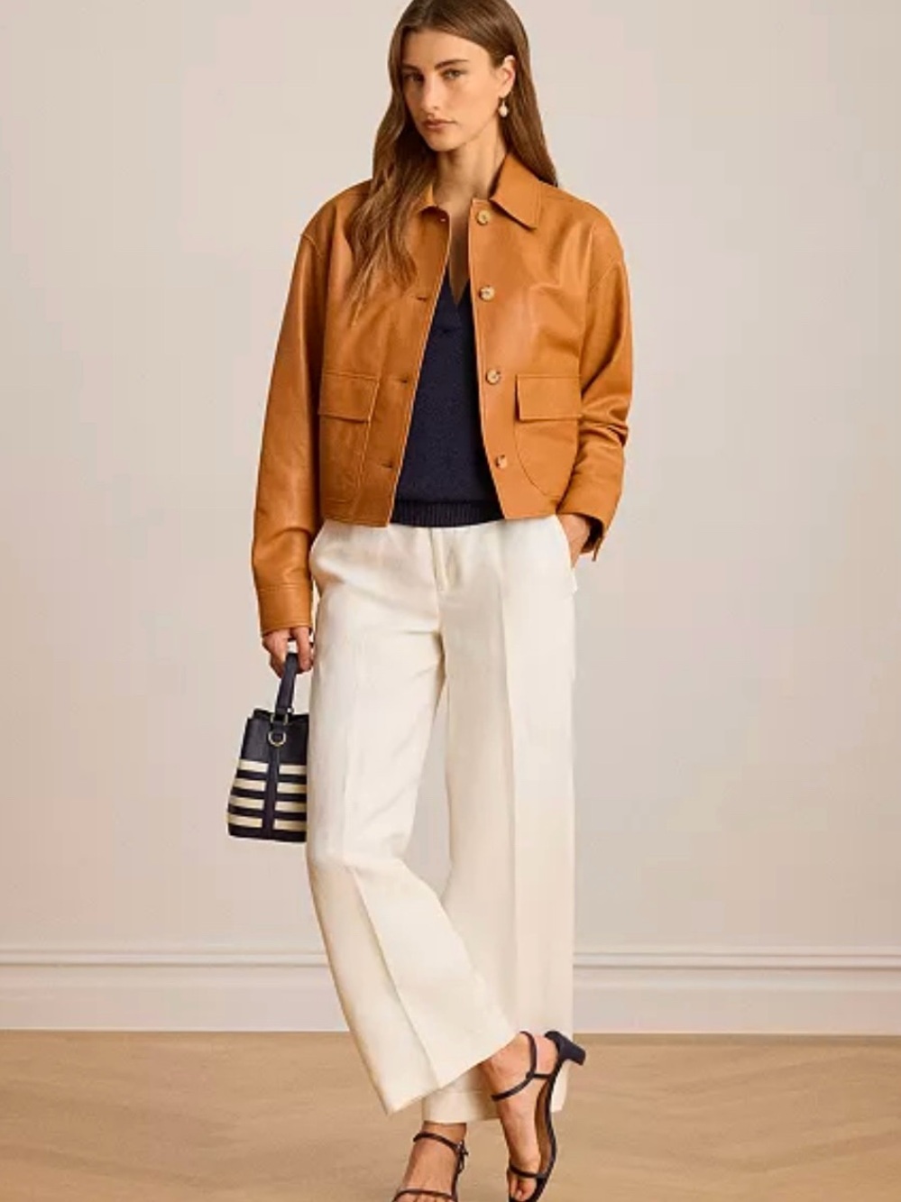 NWT 8P Lauren Ralph Lauren Cream Wide-Leg Cropped silk linen pants